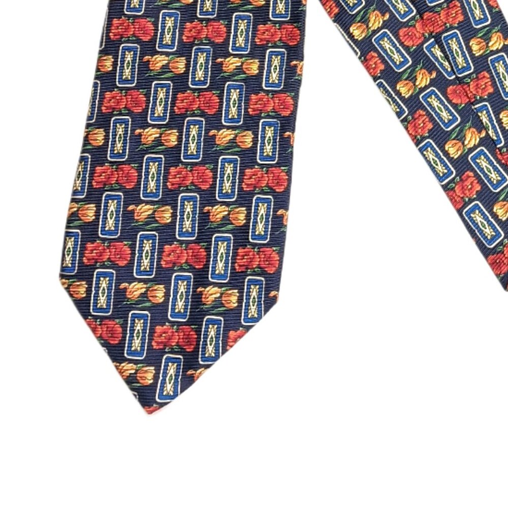 Minova Silk Tie Men’s 59.5” Navy Blue Pink Floral Medallion Artsy Designer Wide